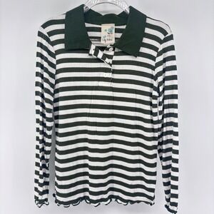 Lily Bleu Girls Striped Long Sleeve Ribbed Knit Polo Shirt Olive‎ Green White 6